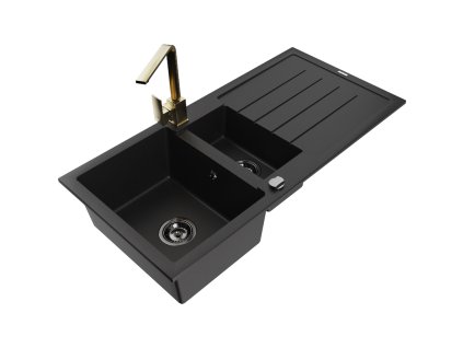 Granitový drez Mexen Andres s 1,5 misky, odkapávačom a kuchynskou batériou Rita, čierny - 6515-77-670300-50-B