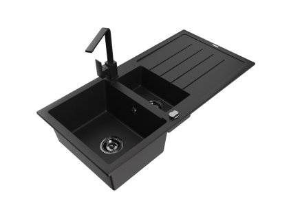 Granitový drez Mexen Andres s 1,5 misky, odkapávačom a kuchynskou batériou Rita, čierny - 6515-77-670300-70-B