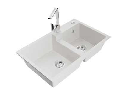 Mexen Tomas 2-komorový granitový drez s kuchynskou batériou Rita, biely - 6516-20-670300-00