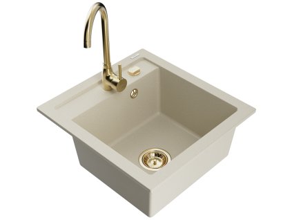 Granitový drez Mexen Vito s 1 misou a kuchynskou batériou Telma, béžový - 6503-69-670200-50