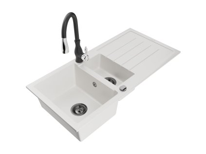 Granitový drez Mexen Andres s 1,5 misky, odkapávačom a kuchynskou batériou Savita, biely - 6515-20-672601-70