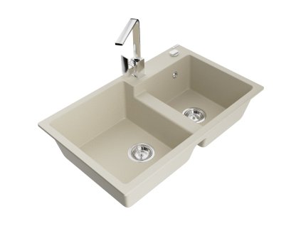 Mexen Tomas 2-komorový granitový drez s kuchynskou batériou Rita, béžový - 6516-69-670300-00