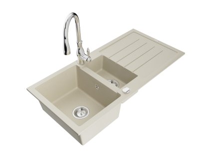 Granitový drez Mexen Andres s 1,5 miskou, odkapávačom a kuchynskou batériou Savita, béžový - 6515-69-672601-00
