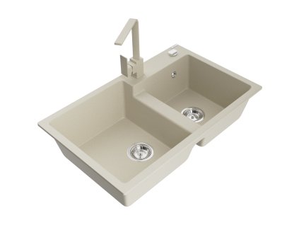 Mexen Tomas 2-komorový granitový drez s kuchynskou batériou Rita, béžový - 6516-69-670300-69
