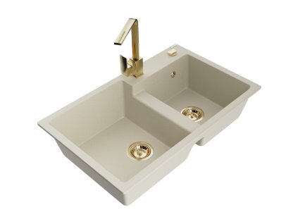 Mexen Tomas 2-komorový granitový drez s kuchynskou batériou Rita, béžový - 6516-69-670300-50
