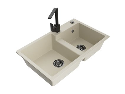 Mexen Tomas 2-komorový granitový drez s kuchynskou batériou Rita, béžový - 6516-69-670300-70