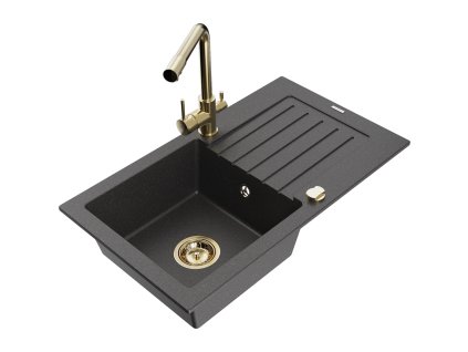 Granitový drez Mexen Pablo s 1 misou, odkapávačom a kuchynskou batériou Duero, čierna škvrnitá - 6510-76-671600-50