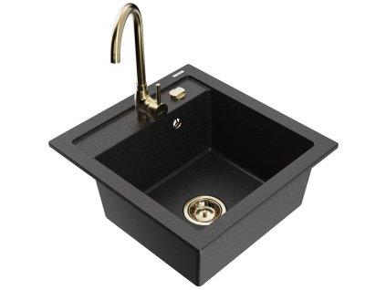 Granitový drez Mexen Vito s 1 misou a kuchynskou batériou Telma, čierna/strieborná metalíza - 6503-73-670200-50