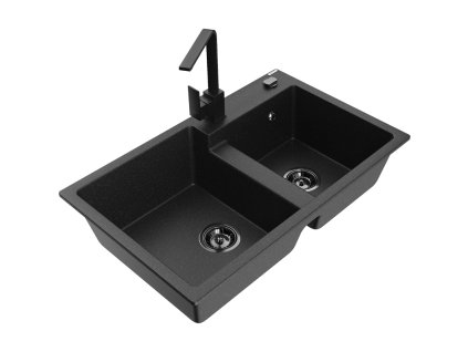 Mexen Tomas 2-komorový granitový drez s kuchynskou batériou Rita, čierna/strieborná metalíza - 6516-73-670300-70-B