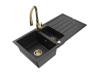 Granitový drez Mexen Andres s 1,5 miskou, odkapávačom a kuchynskou batériou Savita, čierny/strieborný - 6515-73-672601-50