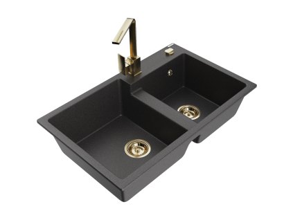 Mexen Tomas 2-komorový granitový drez s kuchynskou batériou Rita, čierna škvrna - 6516-76-670300-50