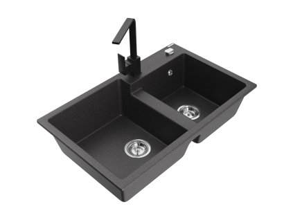 Mexen Tomas 2-komorový granitový drez s kuchynskou batériou Rita, čierna škvrna - 6516-76-670300-70