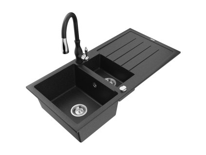 Granitový drez Mexen Andres s 1,5 miskou, odkapávačom a kuchynskou batériou Savita, čierny/strieborný - 6515-73-672601-70