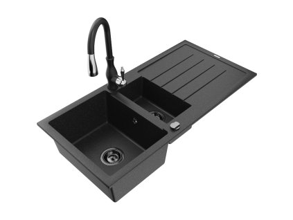 Granitový drez Mexen Andres s 1,5 miskou, odkapávačom a kuchynskou batériou Savita, čierny/strieborný - 6515-73-672601-70-B