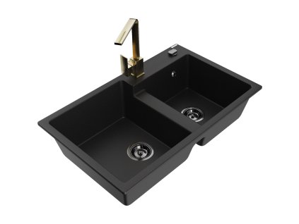 Mexen Tomas 2-komorový granitový drez s kuchynskou batériou Rita, čierny - 6516-77-670300-50-B