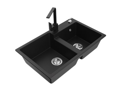 Mexen Tomas 2-komorový granitový drez s kuchynskou batériou Rita, čierny - 6516-77-670300-70