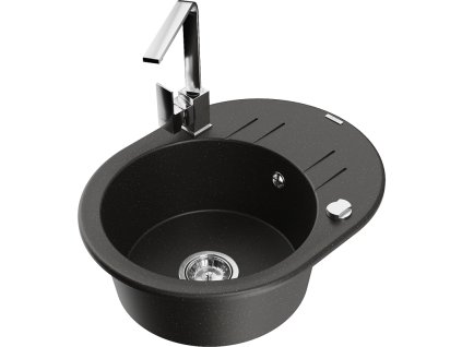 Granitový drez Mexen Kevin s 1 misou, odkapávačom a kuchynskou batériou Rita, čierna/zlatá metalíza - 6517-75-670300-00