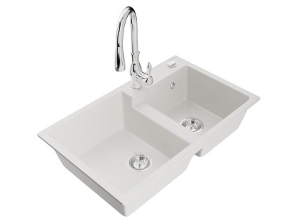 Mexen Tomas 2-komorový granitový drez s kuchynskou batériou Savita, biely - 6516-20-672601-00