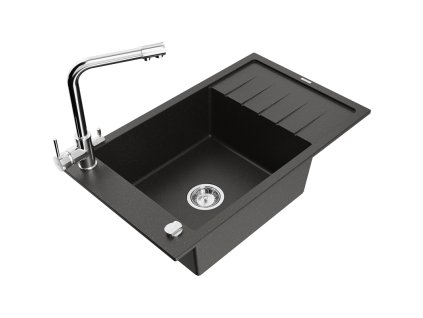 Granitový drez Mexen Elias s 1 misou, odkapávačom a kuchynskou batériou Duero, čierna/zlatá metalíza - 6511-75-671600-00