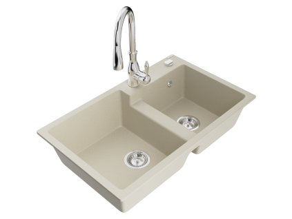 Granitový drez Mexen Tomas s 2 miskami a kuchynskou batériou Savita, béžový - 6516-69-672601-00