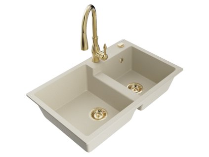 Granitový drez Mexen Tomas s 2 miskami a kuchynskou batériou Savita, béžový - 6516-69-672601-50