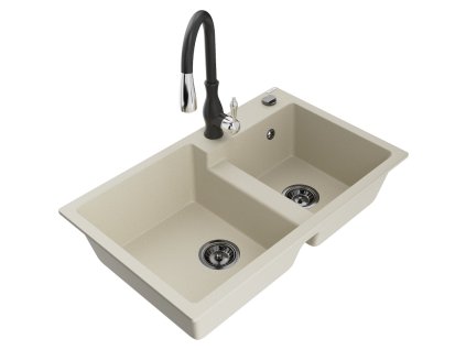 Granitový drez Mexen Tomas s 2 miskami a kuchynskou batériou Savita, béžový - 6516-69-672601-70