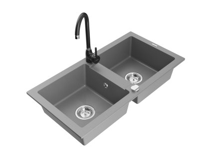 Granitový drez Mexen Mario s 2 misami a kuchynskou batériou Telma, sivý - 6504-71-670200-70