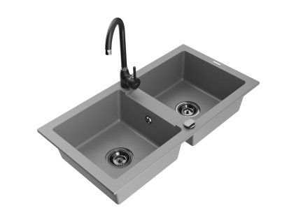 Granitový drez Mexen Mario s 2 misami a kuchynskou batériou Telma, sivý - 6504-71-670200-70-B