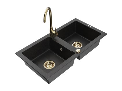 Granitový drez Mexen Mario s 2 misami a kuchynskou batériou Telma, čierna/strieborná - 6504-73-670200-50