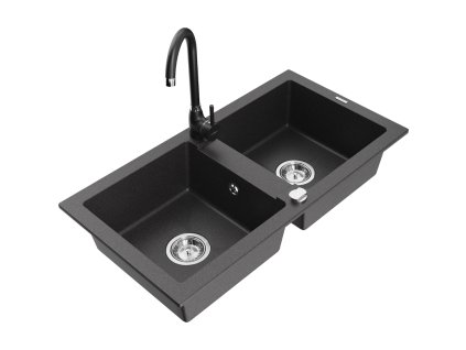 Granitový drez Mexen Mario s 2 misami a kuchynskou batériou Telma, čierna škvrnitá - 6504-76-670200-70