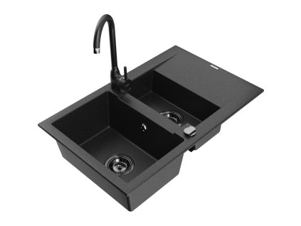 Granitový drez Mexen Gaspar s 1,5 miskou, odkapávačom a kuchynskou batériou Telma, čierny/strieborný - 6507-73-670200-70-B