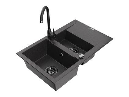 Granitový drez Mexen Gaspar s 1,5 misky, odkapávačom a kuchynskou batériou Telma, čierna škvrnitá - 6507-76-670200-70-B