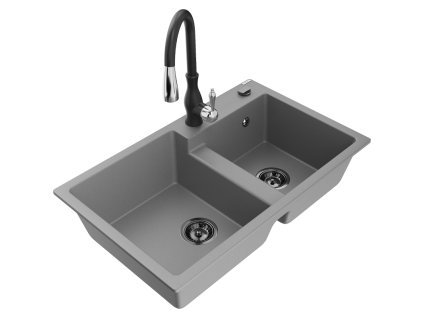 Granitový drez Mexen Tomas s 2 miskami a kuchynskou batériou Savita, sivý - 6516-71-672601-70-B