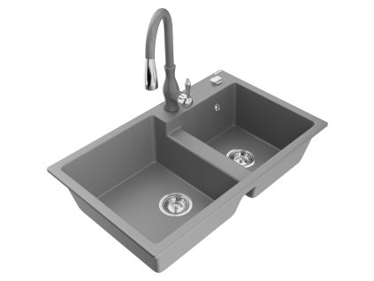 Granitový drez Mexen Tomas s 2 miskami a kuchynskou batériou Savita, sivý - 6516-71-672601-71