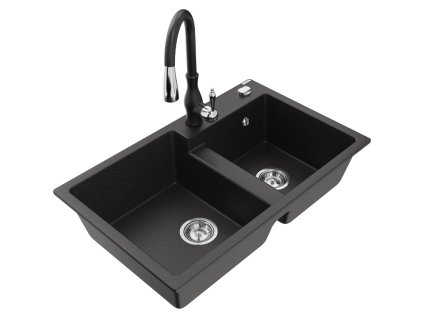 Granitový drez Mexen Tomas s 2 misami a kuchynskou batériou Savita, čierna/zlatá metalíza - 6516-75-672601-70