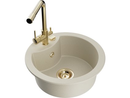 Granitový drez Mexen Diego s 1 misou a kuchynskou batériou Duero, béžový - 6512-69-671600-50