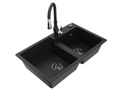 Granitový drez Mexen Tomas s 2 miskami a kuchynskou batériou Savita, čierny - 6516-77-672601-70-B