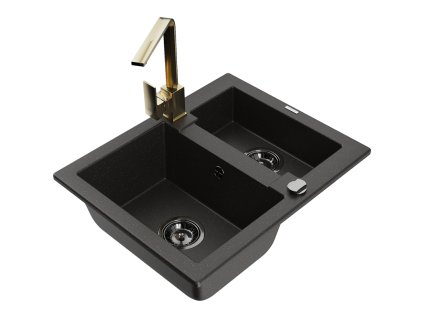 Granitový drez Mexen Carlos s 1,5 miskou a kuchynskou batériou Rita, čierna/zlatá metalíza - 6518-75-670300-50-B