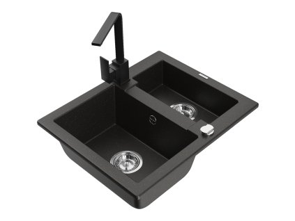 Granitový drez Mexen Carlos s 1,5 miskou a kuchynskou batériou Rita, čierna/zlatá metalíza - 6518-75-670300-70