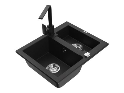Granitový drez Mexen Carlos s 1,5 miskou a kuchynskou batériou Rita, čierny - 6518-77-670300-70