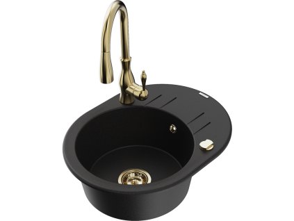 Granitový drez Mexen Kevin s 1 misou, odkapávačom a kuchynskou batériou Savita, čierny - 6517-77-672601-50