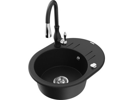 Granitový drez Mexen Kevin s 1 misou, odkapávačom a kuchynskou batériou Savita, čierny - 6517-77-672601-70