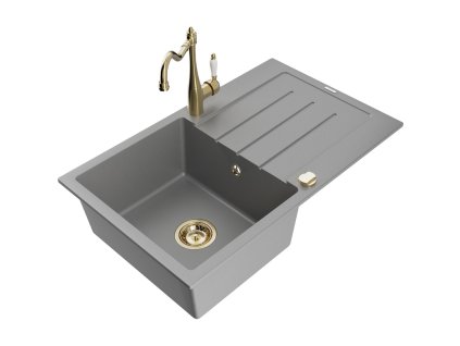 Granitový drez Mexen Bruno s 1 misou, odkapávačom a kuchynskou batériou Carla, sivý - 6513-71-670700-50