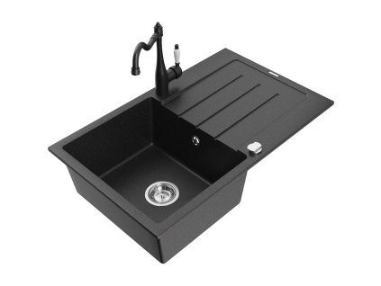 Granitový drez Mexen Bruno s 1 misou, odkapávačom a kuchynskou batériou Carla, čierna/strieborná metalíza - 6513-73-670700-70