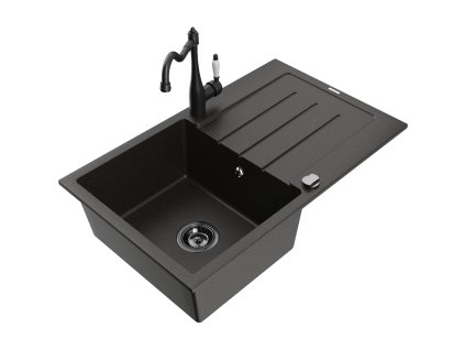 Granitový drez Mexen Bruno s 1 misou, odkapávačom a kuchynskou batériou Carla, čierna/zlatá metalíza - 6513-75-670700-70-B