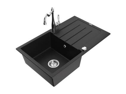 Granitový drez Mexen Bruno s 1 misou, odkapávačom a kuchynskou batériou Carla, čierny - 6513-77-670700-00