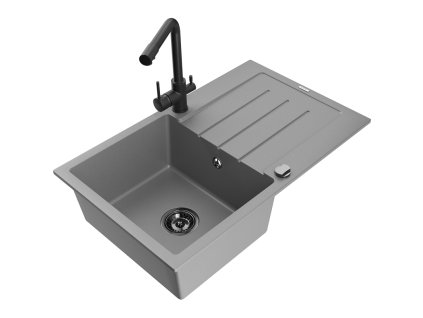 Granitový drez Mexen Bruno s 1 misou, odkapávačom a kuchynskou batériou Duero, sivý - 6513-71-671600-70-B