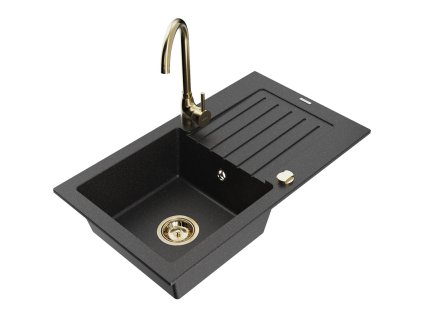 Granitový drez Mexen Pablo s 1 misou, odkapávačom a kuchynskou batériou Telma, čierny/strieborný - 6510-73-670200-50