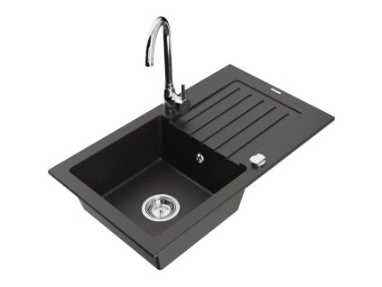 Granitový drez Mexen Pablo s 1 misou, odkapávačom a kuchynskou batériou Telma, čierna/zlatá - 6510-75-670200-00
