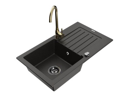 Granitový drez Mexen Pablo s 1 misou, odkapávačom a kuchynskou batériou Telma, čierna/zlatá - 6510-75-670200-50-B